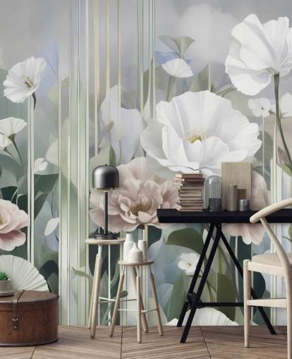 mural floral branco, rosa e verde chamado Gardens of Dawn, de Marina Stupakova