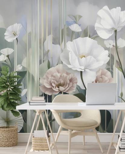 white, pink and green floral mural called Gardens of Dawn by Marina Stupakova