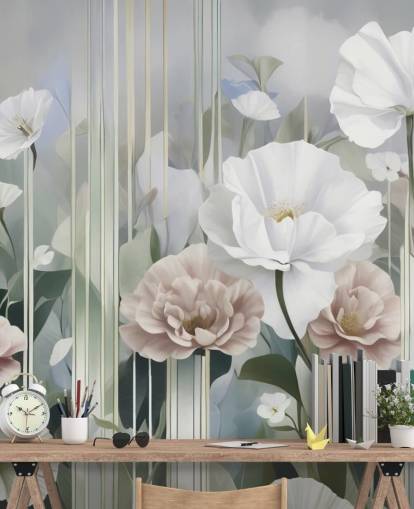 white, pink and green floral mural called Gardens of Dawn by Marina Stupakova white, pink and green floral mural called Gardens of Dawn by Marina Stupakova