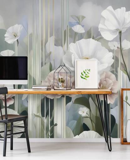 mural floral branco, rosa e verde chamado Gardens of Dawn, de Marina Stupakova mural floral branco, rosa e verde chamado Gardens of Dawn, de Marina Stupakova