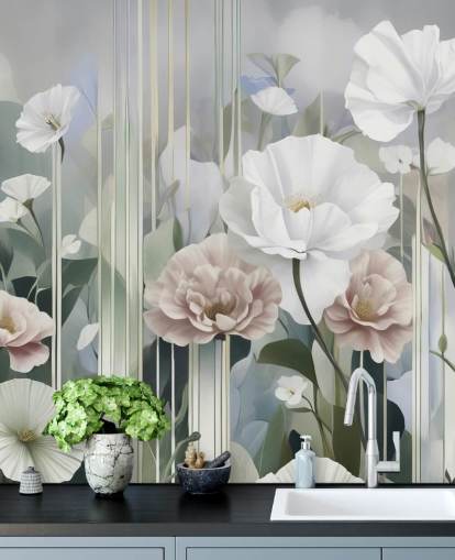 white, pink and green floral mural called Gardens of Dawn by Marina Stupakova