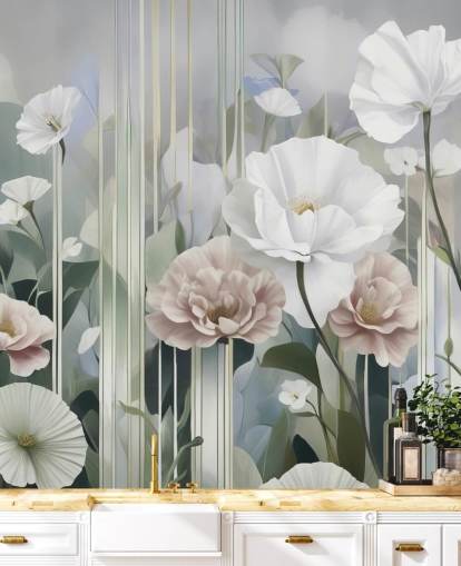 witte, roze en groene bloemenmuurschildering genaamd Gardens of Dawn van Marina Stupakova