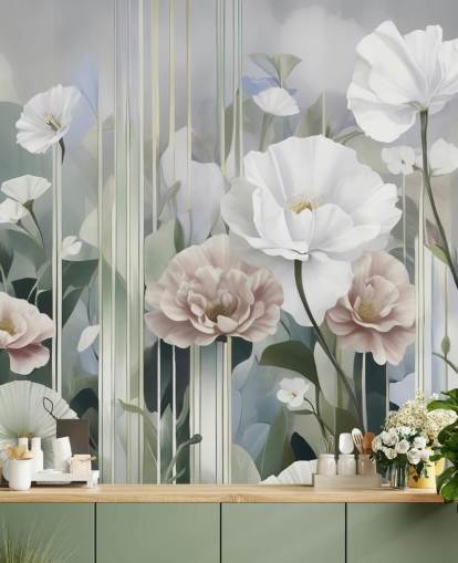 white, pink and green floral mural called Gardens of Dawn by Marina Stupakova