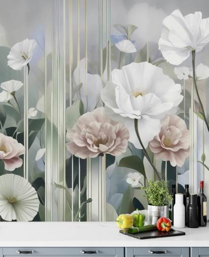 white, pink and green floral mural called Gardens of Dawn by Marina Stupakova