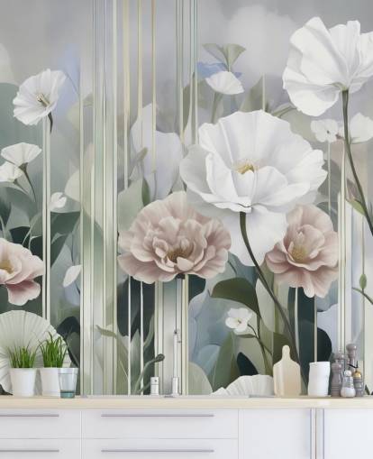 hvidt, lyserødt og grønt blomstermaleri kaldet Gardens of Dawn af Marina Stupakova hvidt, lyserødt og grønt blomstermaleri kaldet Gardens of Dawn af Marina Stupakova