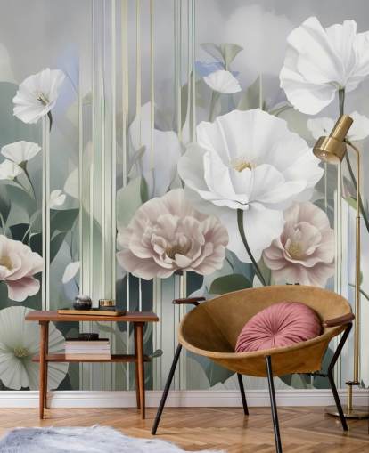 white, pink and green floral mural called Gardens of Dawn by Marina Stupakova