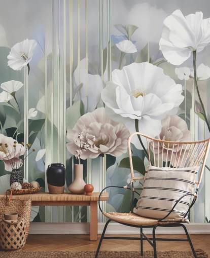 weißes, rosafarbenes und grünes Blumengemälde namens Gardens of Dawn von Marina Stupakova