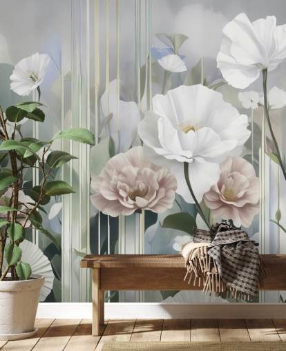 white, pink and green floral mural called Gardens of Dawn by Marina Stupakova