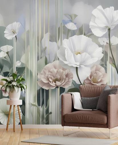 peinture murale florale blanche, rose et verte intitulée Gardens of Dawn de Marina Stupakova