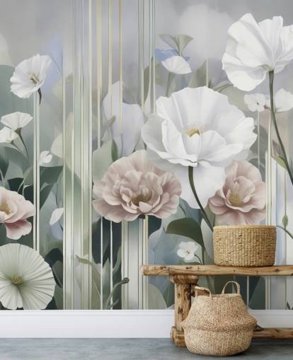 white, pink and green floral mural called Gardens of Dawn by Marina Stupakova