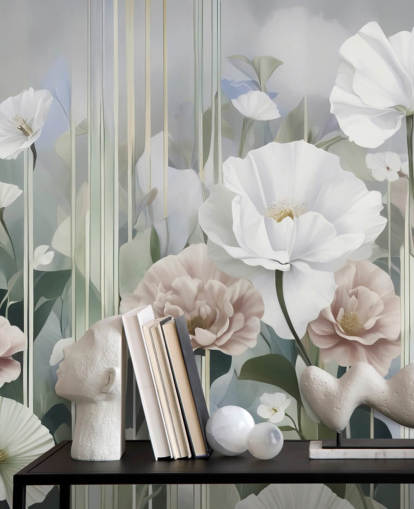 vit, rosa och grön blommig väggmålning kallad Gardens of Dawn av Marina Stupakova