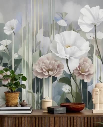 vit, rosa och grön blommig väggmålning kallad Gardens of Dawn av Marina Stupakova
