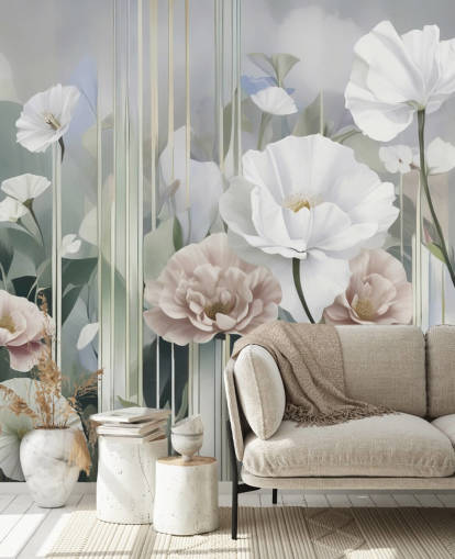 vit, rosa och grön blommig väggmålning kallad Gardens of Dawn av Marina Stupakova