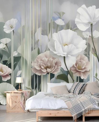 peinture murale florale blanche, rose et verte intitulée Gardens of Dawn de Marina Stupakova