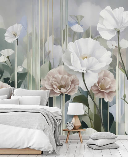 white, pink and green floral mural called Gardens of Dawn by Marina Stupakova