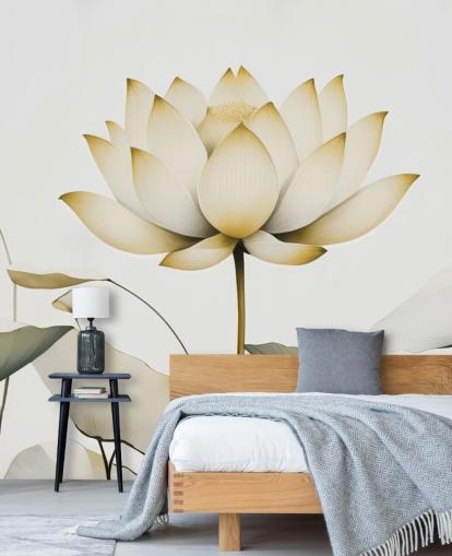 valkoinen ja keltainen kukka-seinämaalaus nimeltä Lotus Radiance Golden, kirjoittanut Marina Stupakova valkoinen ja keltainen kukka-seinämaalaus nimeltä Lotus Radiance Golden, kirjoittanut Marina Stupakova