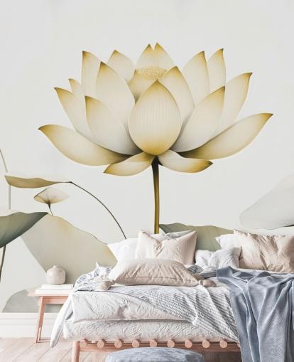 white and yellow floral mural called Lotus Radiance Golden by Marina Stupakova