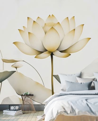 witte en gele bloemenmuurschildering genaamd Lotus Radiance Golden van Marina Stupakova