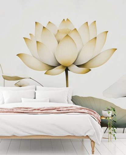 white and yellow floral mural called Lotus Radiance Golden by Marina Stupakova