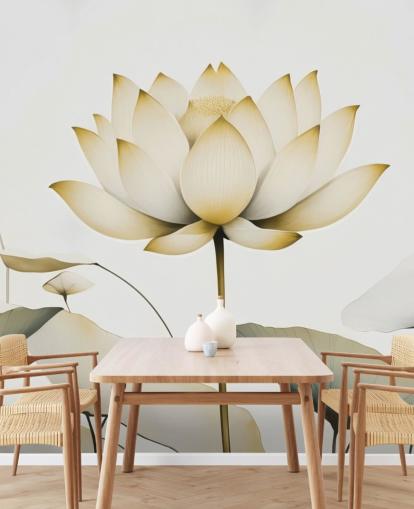 hvitt og gult blomstermaleri kalt Lotus Radiance Golden av Marina Stupakova