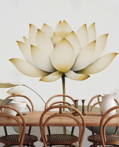 white and yellow floral mural called Lotus Radiance Golden by Marina Stupakova