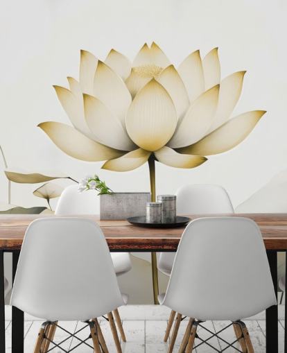 white and yellow floral mural called Lotus Radiance Golden by Marina Stupakova