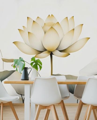 mural floral blanco y amarillo llamado Lotus Radiance Golden de Marina Stupakova