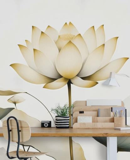 white and yellow floral mural called Lotus Radiance Golden by Marina Stupakova