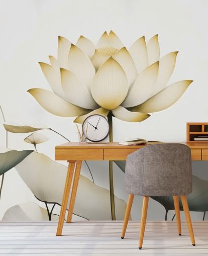 mural floral blanco y amarillo llamado Lotus Radiance Golden de Marina Stupakova