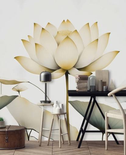 mural floral blanco y amarillo llamado Lotus Radiance Golden de Marina Stupakova