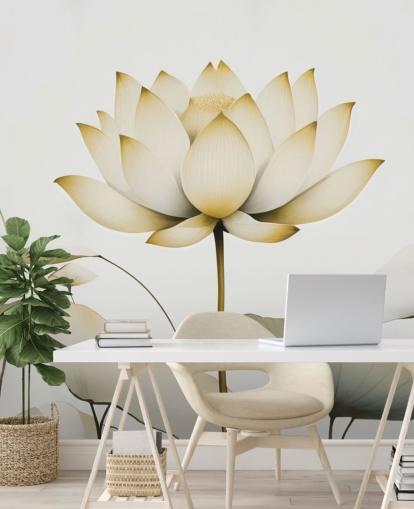 weißes und gelbes Blumenwandbild namens Lotus Radiance Golden von Marina Stupakova