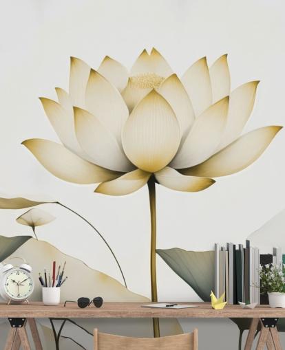 valkoinen ja keltainen kukka-seinämaalaus nimeltä Lotus Radiance Golden, kirjoittanut Marina Stupakova