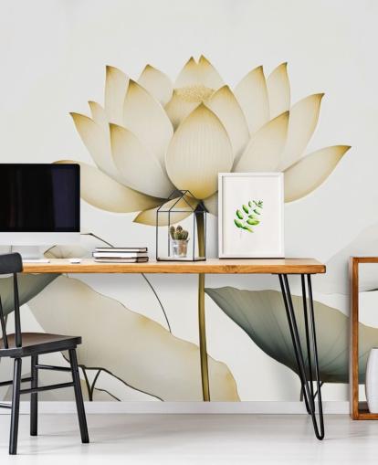 weißes und gelbes Blumenwandbild namens Lotus Radiance Golden von Marina Stupakova