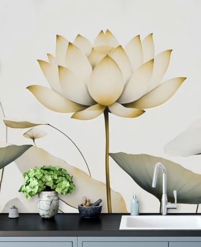 mural floral blanco y amarillo llamado Lotus Radiance Golden de Marina Stupakova