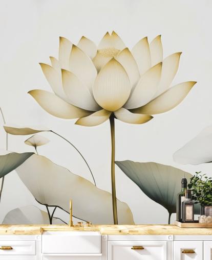 mural floral branco e amarelo chamado Lotus Radiance Golden de Marina Stupakova
