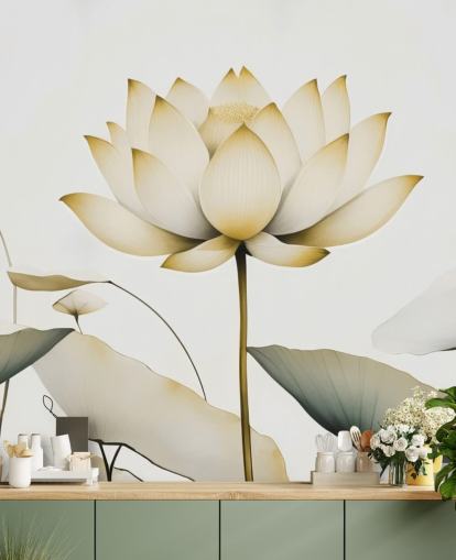 vit och gul blommig väggmålning som heter Lotus Radiance Golden av Marina Stupakova
