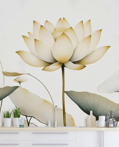 mural floral blanco y amarillo llamado Lotus Radiance Golden de Marina Stupakova