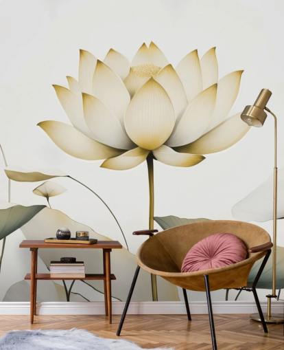white and yellow floral mural called Lotus Radiance Golden by Marina Stupakova white and yellow floral mural called Lotus Radiance Golden by Marina Stupakova