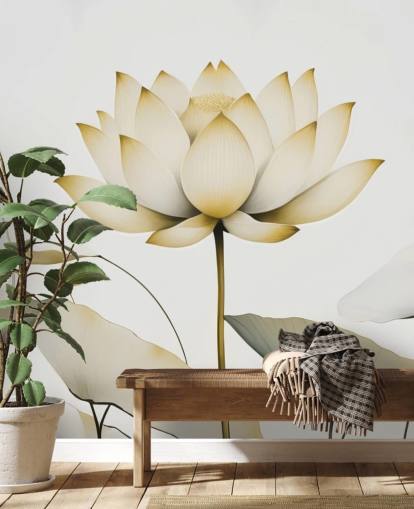 mural floral blanco y amarillo llamado Lotus Radiance Golden de Marina Stupakova