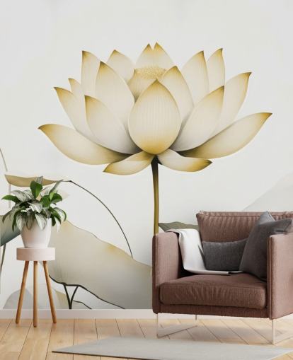 witte en gele bloemenmuurschildering genaamd Lotus Radiance Golden van Marina Stupakova