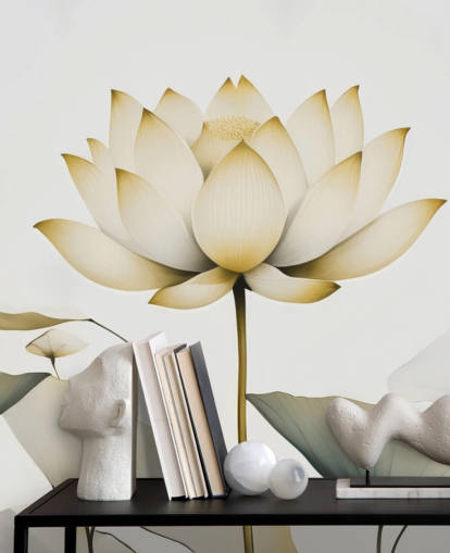 vit och gul blommig väggmålning som heter Lotus Radiance Golden av Marina Stupakova vit och gul blommig väggmålning som heter Lotus Radiance Golden av Marina Stupakova