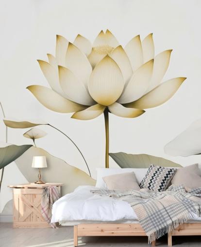 murale floreale bianco e giallo chiamato Lotus Radiance Golden di Marina Stupakova