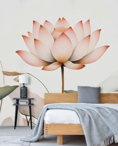 mural floral de loto blanco, rosa y verde llamado Lotus Radiance de Marina Stupakova para dormitorios, salas de estar y pasillos