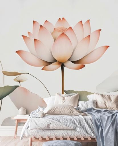 mural floral de loto blanco, rosa y verde llamado Lotus Radiance de Marina Stupakova para dormitorios, salas de estar y pasillos