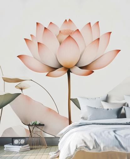 murale floreale di loto bianco, rosa e verde chiamato Lotus Radiance di Marina Stupakova per camere da letto, salotti e corridoi murale floreale di loto bianco, rosa e verde chiamato Lotus Radiance di Marina Stupakova per camere da letto, salotti e corridoi