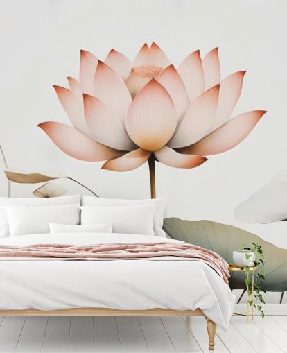 weißes, rosafarbenes und grünes Lotus-Blumengemälde namens Lotus Radiance von Marina Stupakova für Schlafzimmer, Wohnzimmer und Flure