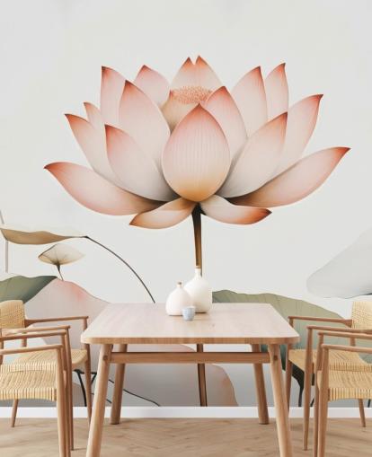 Marina Stupakovan valkoinen, vaaleanpunainen ja vihreä lootuksen kukka-seinämaalaus nimeltä Lotus Radiance makuuhuoneisiin, olohuoneisiin ja käytäviin