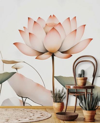 witte, roze en groene lotus bloemenmuurschildering genaamd Lotus Radiance van Marina Stupakova voor slaapkamers, woonkamers en gangen