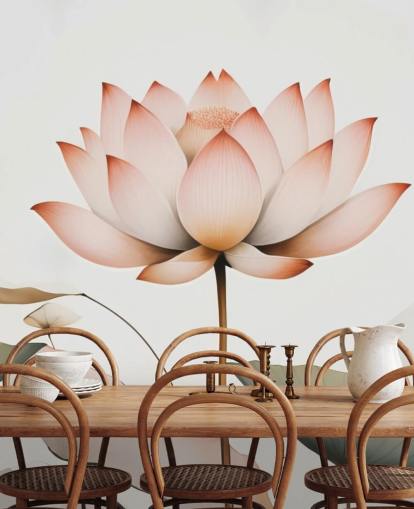 vit, rosa och grön lotus blommig väggmålning kallad Lotus Radiance av Marina Stupakova för sovrum, vardagsrum och hallar