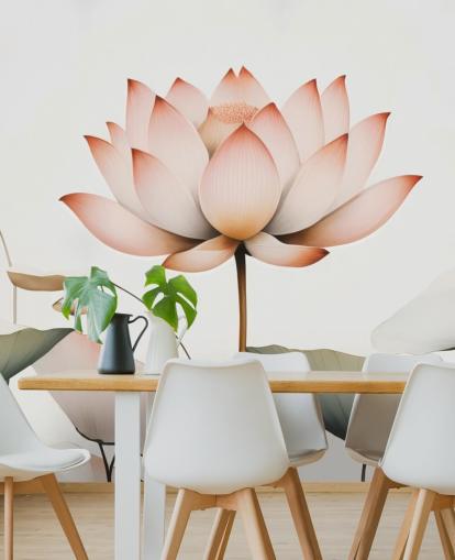 mural floral de loto blanco, rosa y verde llamado Lotus Radiance de Marina Stupakova para dormitorios, salas de estar y pasillos